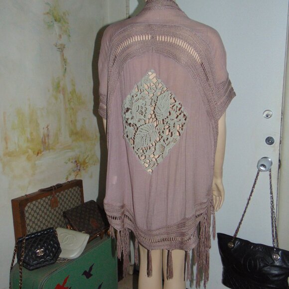 Miracle Women's Knit Open Cardigan size S/M mauve boho crochet fringe cotton USA - Picture 6 of 13